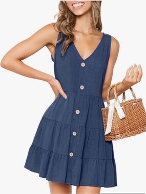 💙 Navy Blue MITILLY Sleeveless V-Neck Button Down A-Line Swing Dress - Size M